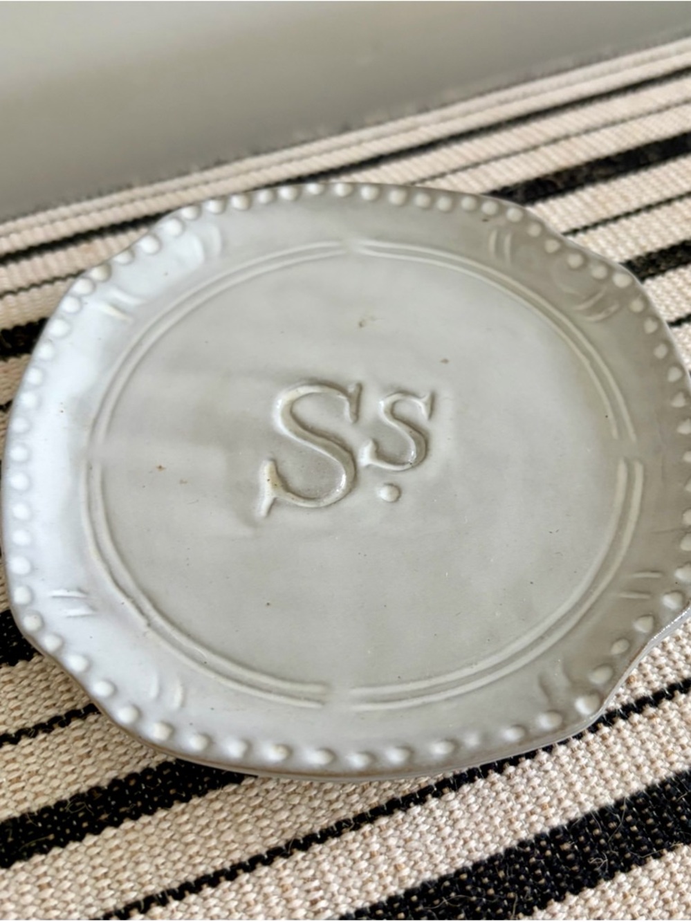 Anthropologie Embossed Monogram “S”Ceramic Coaster Trinket Dish in Light Gray